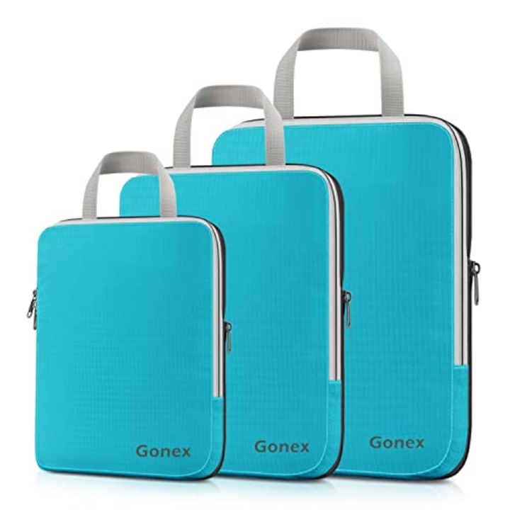 Gonex Compression Packing Cubes,3pcs L+M+S Expandable StorageTravel Bags Luggage Organizers(Blue)