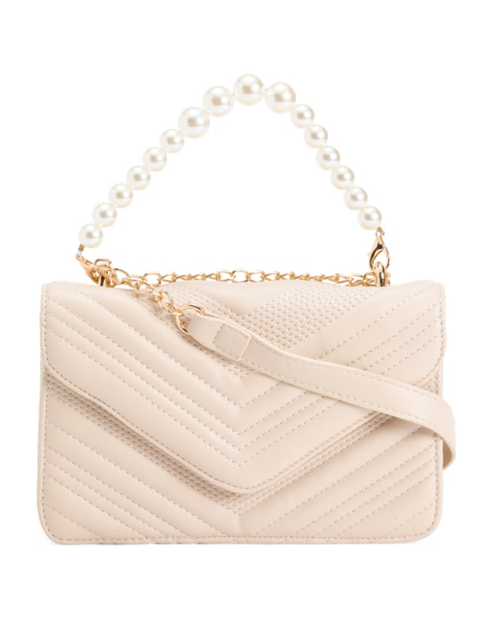 Faux Pearl Handle Quilted Crossbody