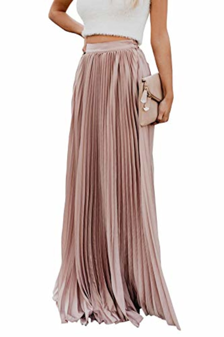 ebossy Women&#039;s High Waist Flowy Pleated Chiffon Maxi Skirt (Large, Pink)