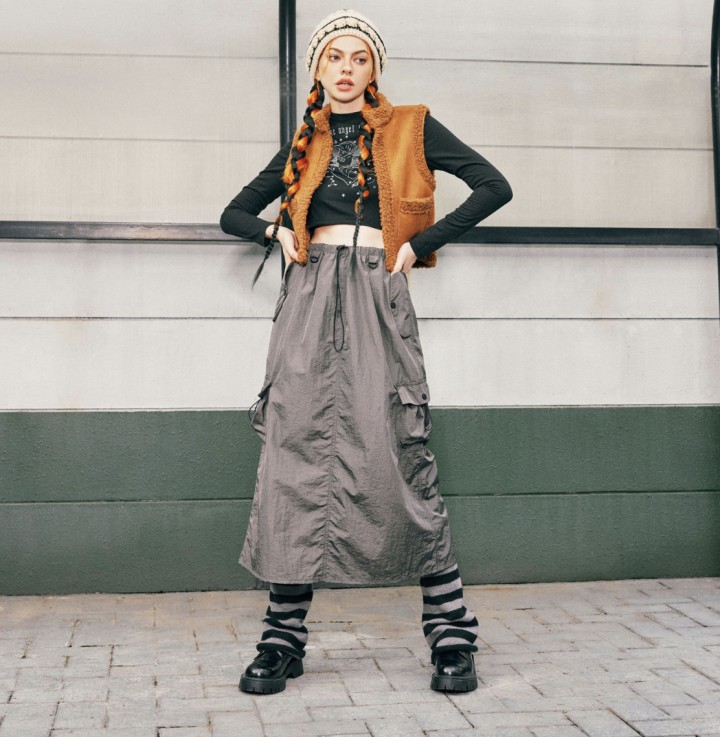 Solid High Waist Cargo Parachute Skirt