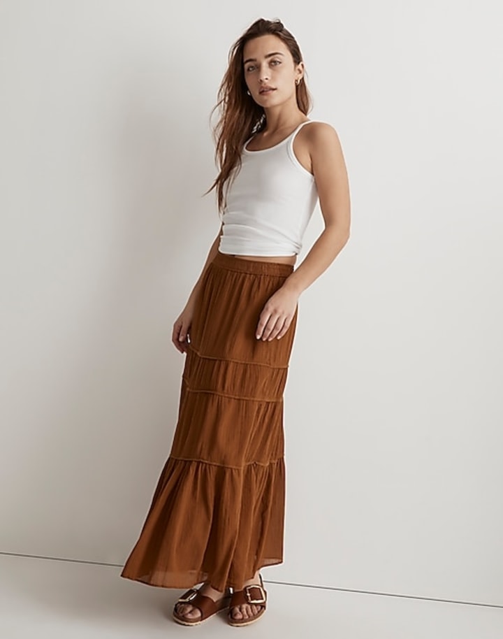 Crinkle Pull-On Tiered Maxi Skirt
