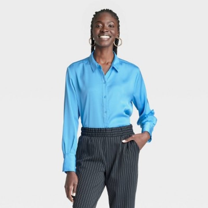 Women&#039;s Long Sleeve Oversized Satin Button-Down Shirt - A New Day(TM)