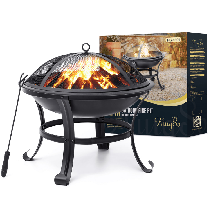 KingSo 22 inch Wood Burning Fire Pit for Camping Picnic Bonfire Patio Outside Backyard Garden, Round Steel Black