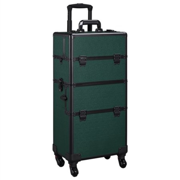 Yaheetech 3 in 1 Aluminum Cosmetic Case Professional Makeup Train Case Large Capacity Trolley Makeup Travel Case Black