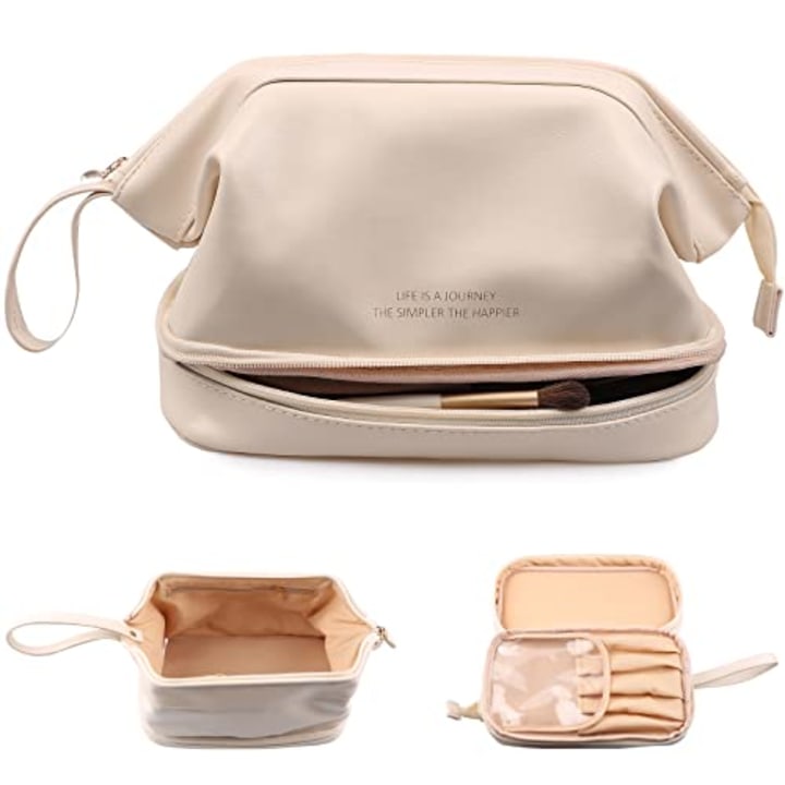 Abiudeng Makeup Bag,Double Layer Cosmetic Bag,Travel Makeup Bag,Leather Makeup Bag, Cosmetic Travel Bags,Portable Leather Toiletry Bag,Roomy Cosmetic Bag for Women and Girls.White