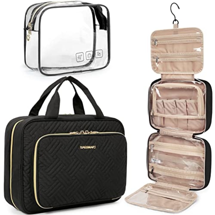 BAGSMART Toiletry Bag Hanging Travel Makeup Organizer with TSA Approved Transparent Cosmetic Bag Makeup Bag for Full Sized Toiletries, Large-Black