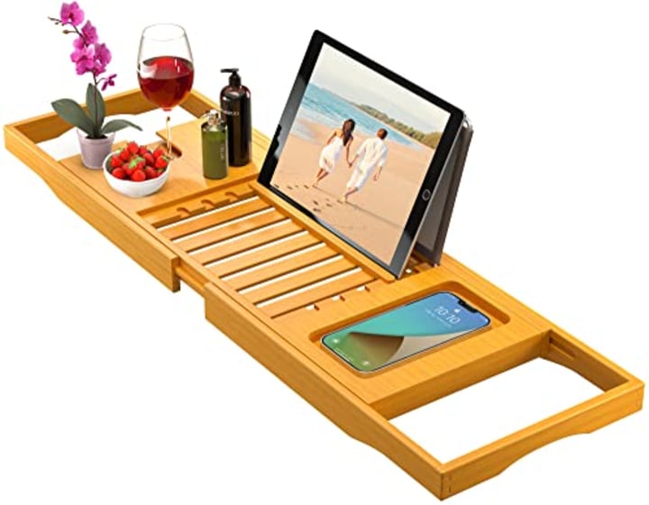 Premium Bamboo Bathtub Tray Caddy - Expandable Wooden Bathroom Tray - Adjustable Bathroom Tray for Tub - Luxury Bath Caddy Tub Table - Valentine&#039;s Day Gift Idea for Loved Ones (Natural)