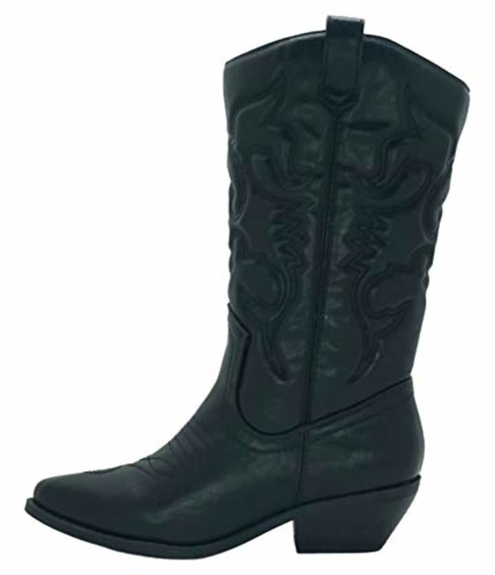 Soda RENO ~ Women Western Cowboy Stitched Pointe Toe Low Heel Ankle Mid Shaft Fashion Boots (Black, numeric_7_point_5)