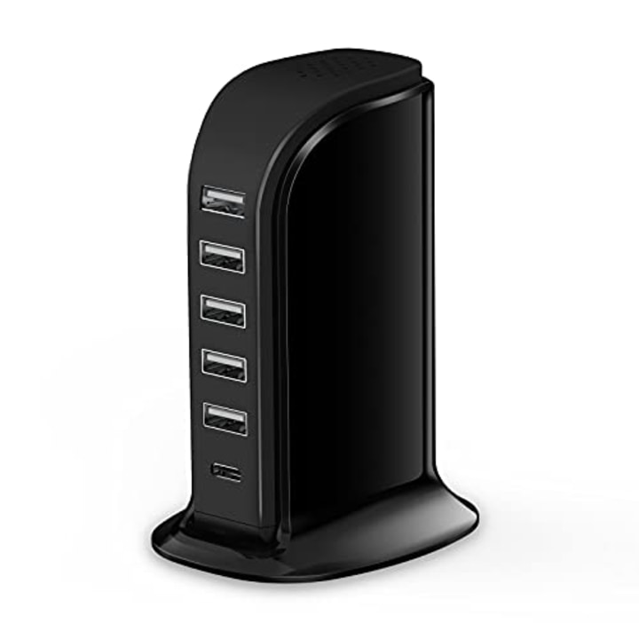 Charger Block 6 in 1 Upoy, 40W USB C Charger 3A, Charging Hub with 5 USB Ports(Shared 6A) for Multiple Electronics, USB Charging Station Multiports, Universal Desktop Phone Charger Travel Ready, Black