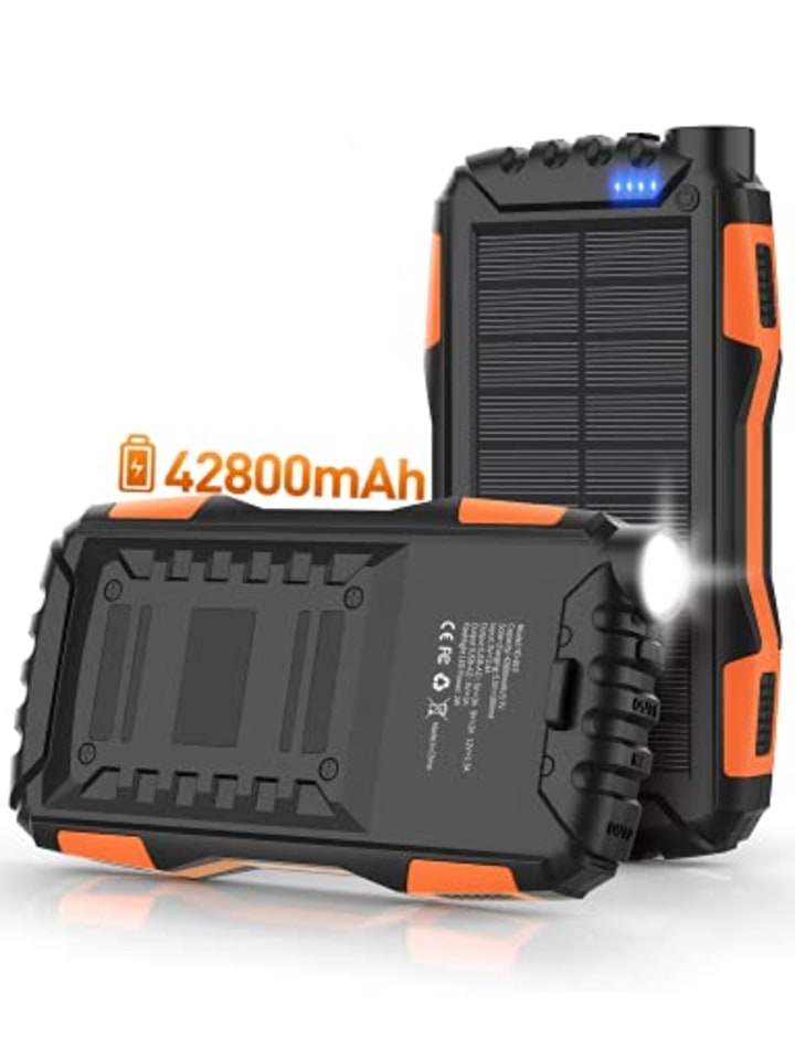 Mregb Solar Power Bank,Solar Charger,42800mAh Power Bank,Portable Charger,External Battery Pack 5V3.1A Qc 3.0 Fast Charging Built-in Super Bright Flashlight (Orange)