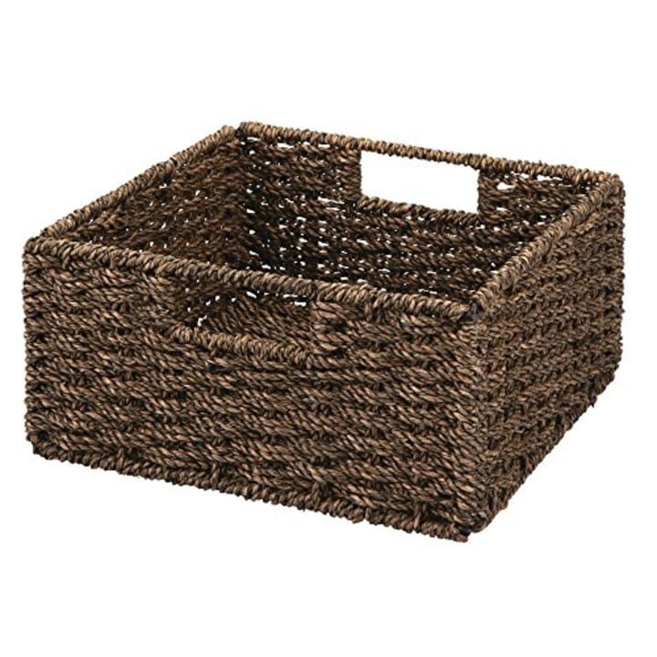 mDesign Natural Woven Seagrass Closet Storage Organizer Basket Bin - Collapsible - for Cube Furniture Shelving in Closet, Bedroom, Bathroom, Entryway, Office - 5.25&quot; High, 2 Pack - Chestnut Brown