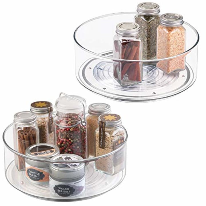 mDesign Plastic Lazy Susan Spinning Food Storage Turntable for Cabinet, Pantry, Refrigerator, Countertop - Spinning Organizer for Spices, Condiments, Baking Supplies - 9&quot; Round, 2 Pack - Clear