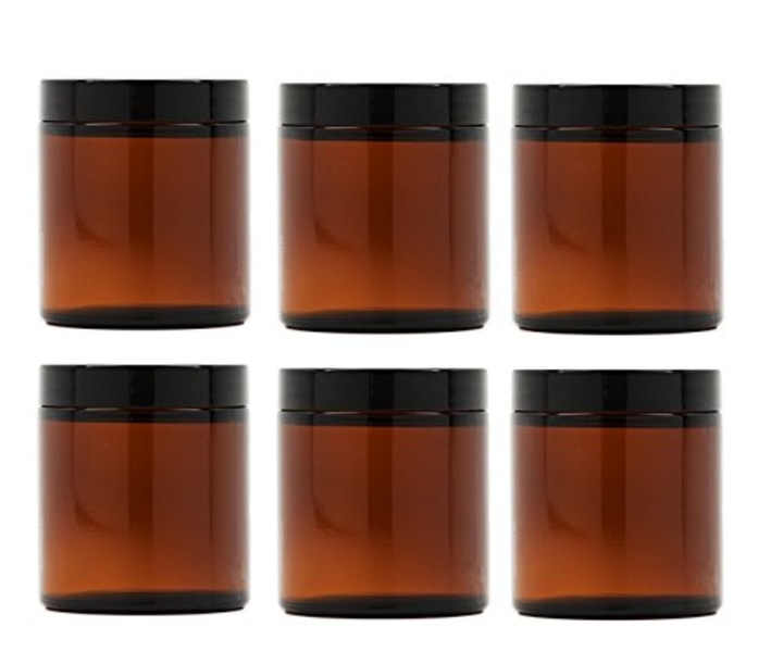 Premium Vials, 8 Oz AMBER Glass Jar Straight Sided with Black Lid - Pack of 6 (8 OZ, Amber)