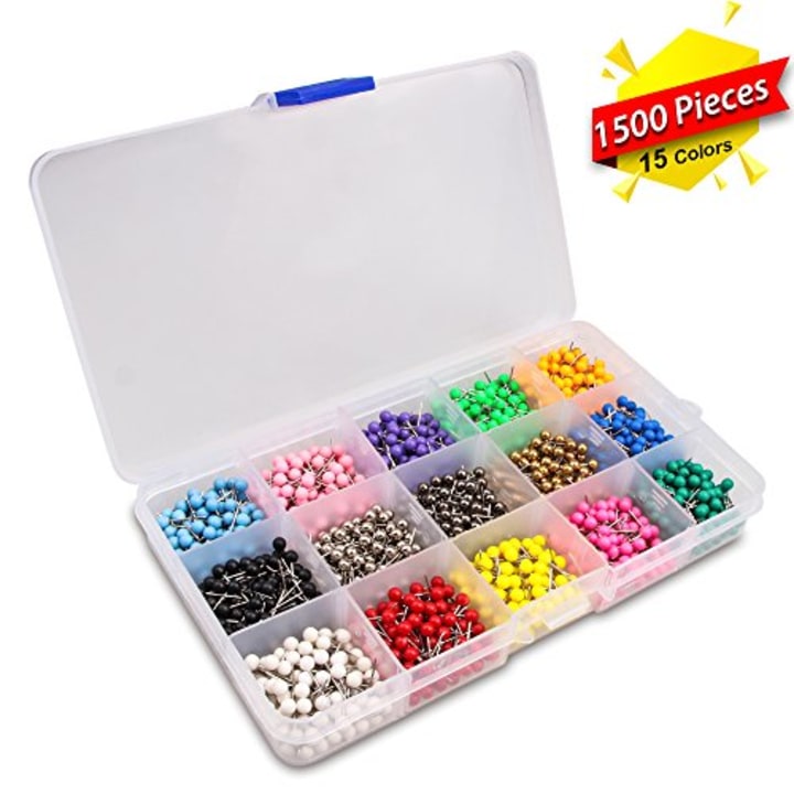 Yalis Push Pins Marking Map Tacks 1/8-Inch Plastic Beads Head, 15 Assorted Colors, 1500-count