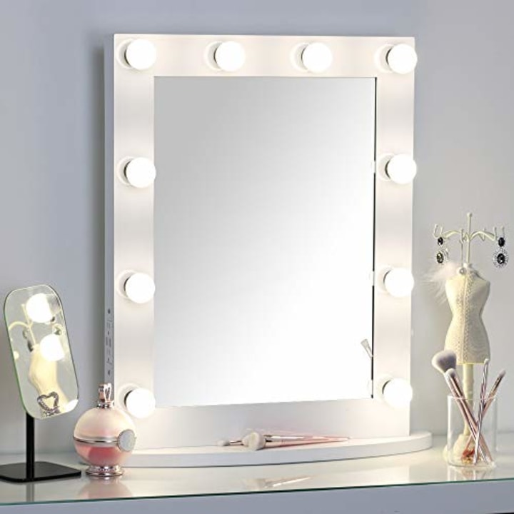 MissMii Hollywood Lighted Makeup Vanity Mirror with Dimmer,Tabletop or Wall Mount Mirror with lights,Professional LED Illuminated Cosmetic Mirror with Dimmable Light Bulbs,Electrical Outlets USB Ports