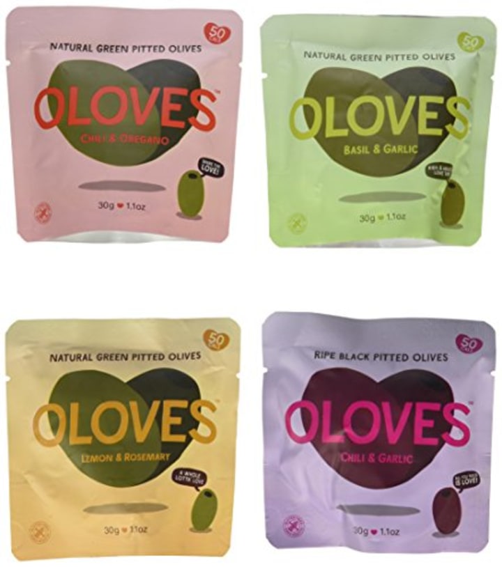 Oloves Natural Pitted Olives Variety Pack of 24 - Gluten-Free Vegan Basil &amp; Garlic, Chili &amp; Oregano, Lemon &amp; Rosemary, &amp; Chili &amp; Garlic