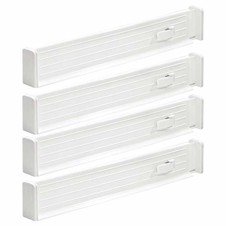 mDesign Adjustable, Expandable Drawer Organizer/Divider - Foam Ends, Strong Secure Hold, Locks in Place - for Bedroom, Bathroom, Closet, Office, Kitchen Storage - 2.5&quot; High, 4 Pack - White