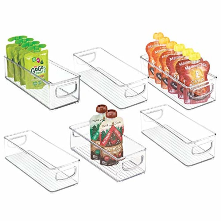 mDesign Stackable Plastic Kitchen Pantry Cabinet, Refrigerator or Freezer Food Storage Bins with Handles - Organizer for Fruit, Yogurt, Squeeze Pouches - Food Safe, BPA Free, 10&quot; Long, 6 Pack - Clear