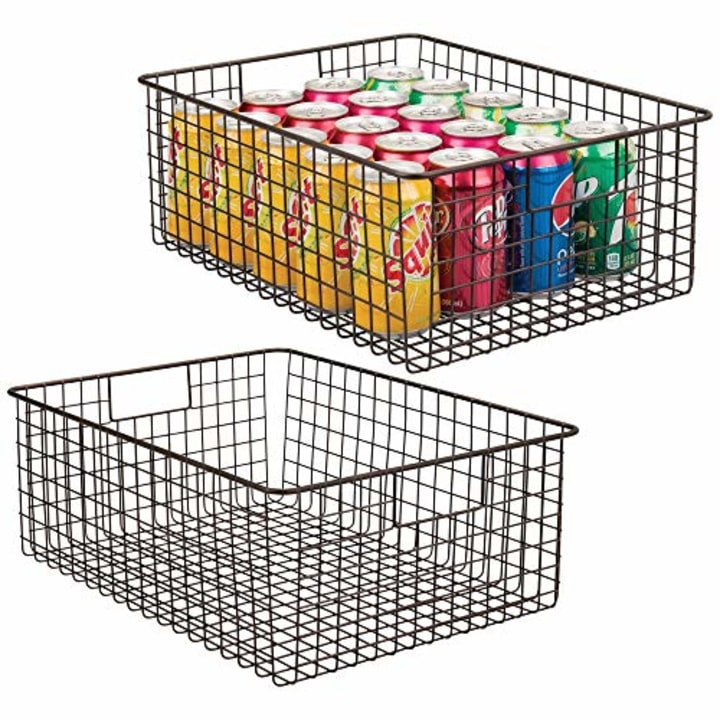 mDesign Farmhouse Decor Metal Wire Food Organizer Storage Bin Baskets with Handles for Kitchen Cabinets, Pantry, Bathroom, Laundry Room, Closets, Garage - 2 Pack - Bronze
