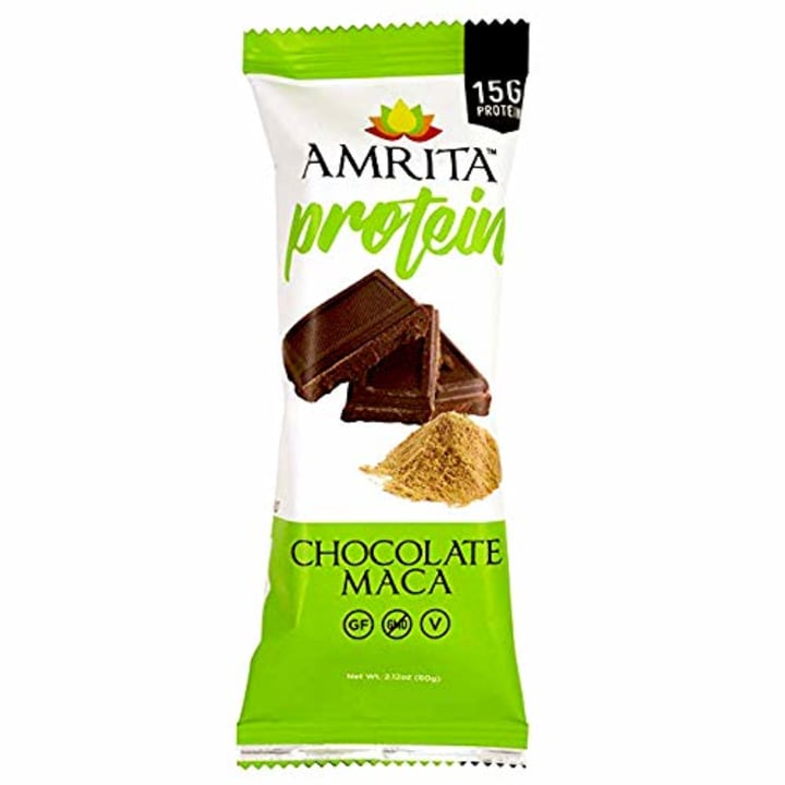 Amrita High Protein Gluten Free Bars with 15g Protein per Paleo Bar, Full of Iron Calcium &amp; Vitamins A and D, No Sugar, Non-GMO, Pack of 12 Bars (Chocolate Maca)