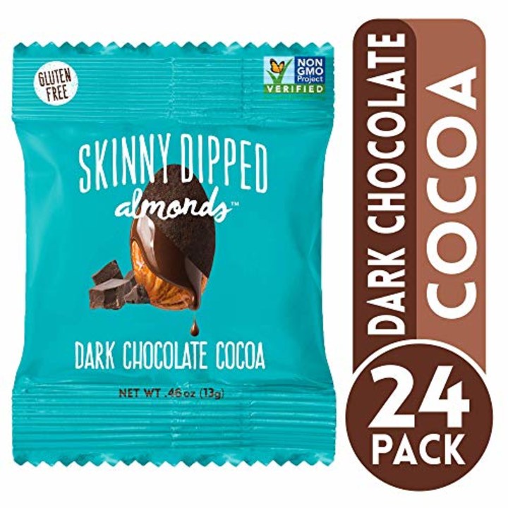 Skinny Dipped Almonds Dark Chocolate Cocoa Covered Almonds, Gluten Free, Low Sugar Snacks, 0.46 oz bag, Pack of 24