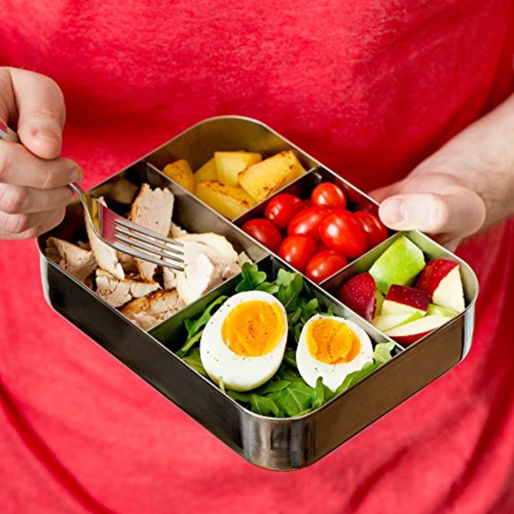 LunchBots Large Cinco Stainless Steel Lunch Container - Five Section Design Holds a Variety of Foods - Metal Bento Box for Kids or Adults - Dishwasher Safe - Stainless Lid - All Stainless