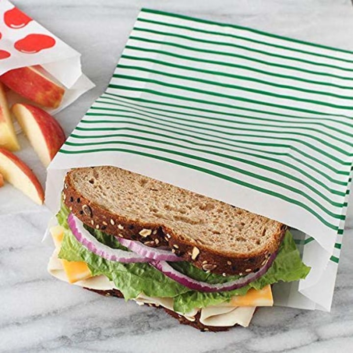 Lunchskins Recyclable + Sealable Paper Quart Sized Bags, 50 count, Green Stripe