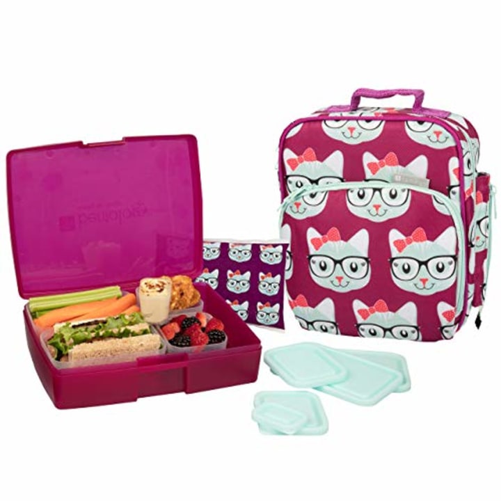 Bentology Lunch Bag and Box Set for Girls - Includes Insulated Durable Tote Bag with Handle and bottle holder, Bento Box, 5 Containers and Ice Pack - BPA &amp; PVC Free (Kitty)