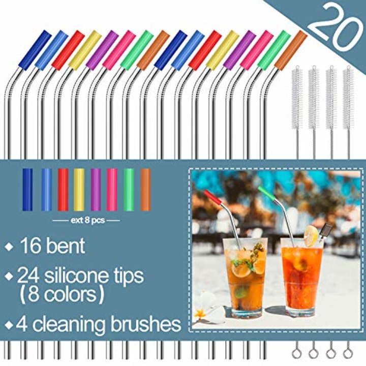 Stainless Steel Straws,Set of 16 10.5&quot; FDA-Approved Reusable Drinking Straws for 30oz&amp;20oz Tumblers Cups Mugs,Metal Straws with 24 Soft Food-Grade Silicone Tips,4 Cleaning Brushes (16 bent)