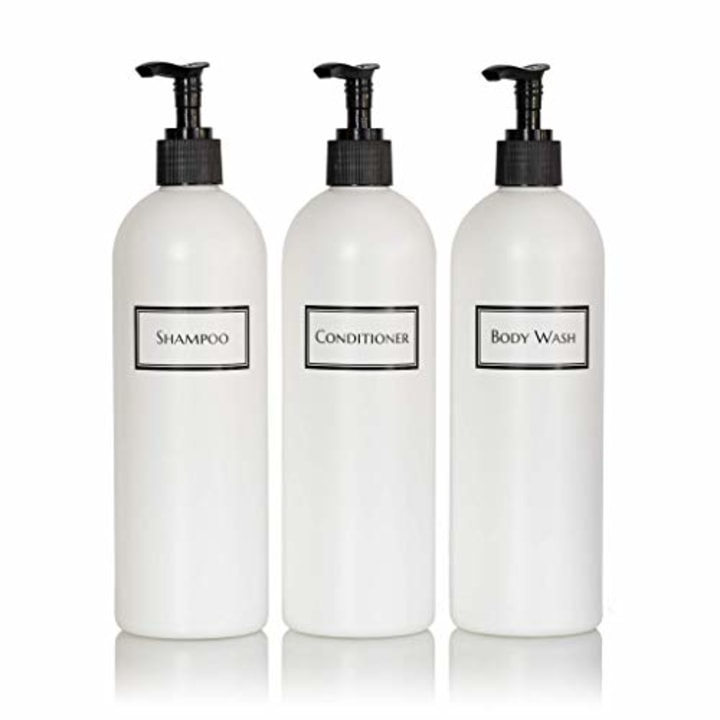Artanis Home Silkscreened Empty Shower Bottle Set for Shampoo, Conditioner, and Body Wash, Cosmo/Bullet 16 oz 3-Pack, White (Black Pumps)
