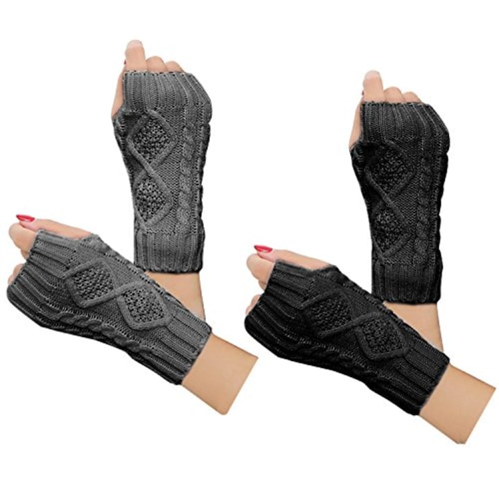 2 Pair Women&#039;s Hand Crochet Winter Warm Fingerless Arm Warmers Gloves 2 Pair(Black+DarkGray)