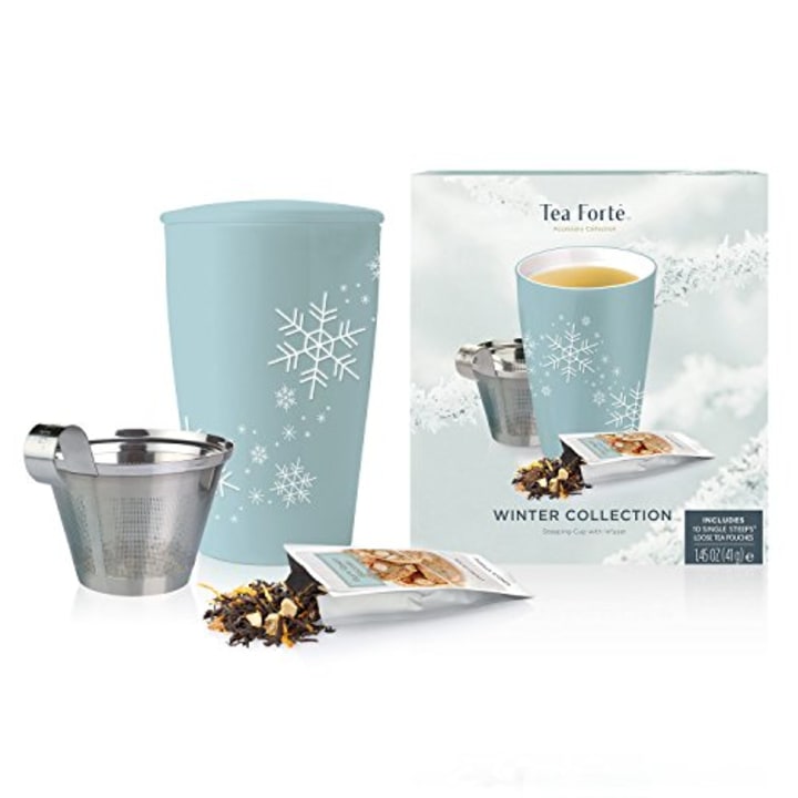 Tea Forte Loose Tea Starter Set, Holiday Gift Set with Kati Cup Infuser Steeping Cup and Box of 10 Single Steeps Assorted Variety Tea Pouches, Blue Snowflake