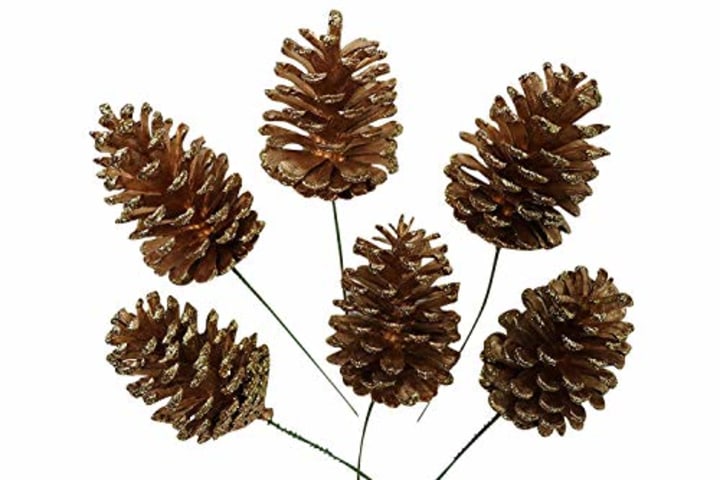 Dobar Extra Large Natural Pinecones with Floral Pick - 4 Inch Pinecones with 5&quot; Green Wired Pick - Set of 6 (Gold Glitter)