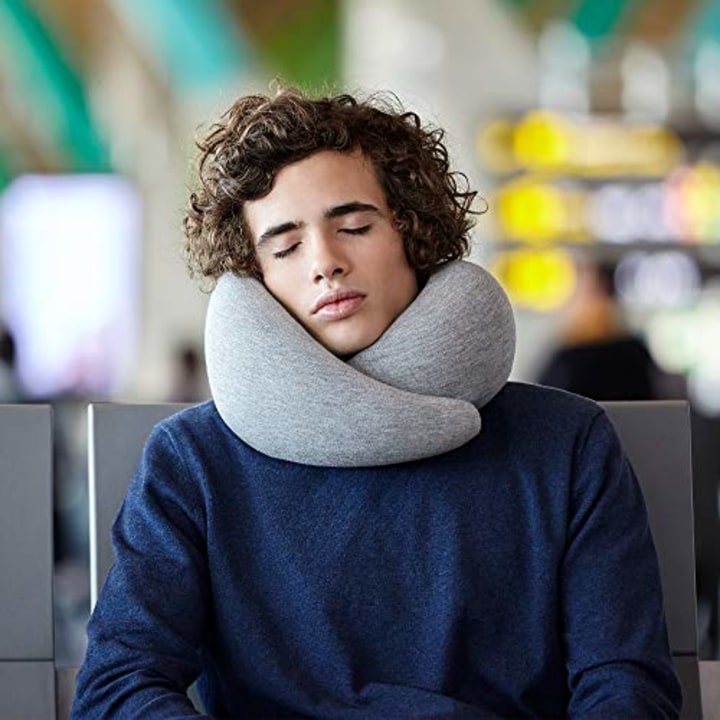 OSTRICHPILLOW GO Travel Pillow for Airplane Neck Support - Memory Foam Travel Accessories for Power Nap on Flight (Midnight Gray)