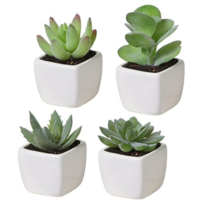 MyGift Set of 4 Mini Assorted Green Artificial Succulent Plants in Square White Ceramic Planters