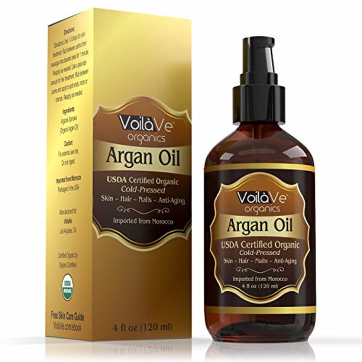 VoilaVe USDA and ECOCERT Pure Organic Moroccan Argan Oil for Skin, Nails &amp; Hair Growth, Anti-Aging Face Moisturizer, Cold Pressed, Hair Moisturizer, Rich in Vitamin E &amp; Carotenes, 4 fl oz