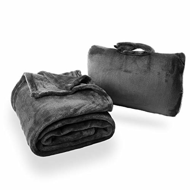 Cabeau Fold &#039;n Go Travel and Throw Blanket Plus Compact Case - for Home and Travel - Doubles as Lumbar Pillow and Neck Support Pillow - French Microfiber Comfort - Charcoal