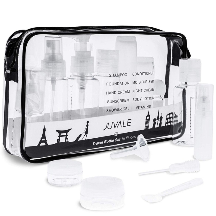 Juvale 15-Pack Refillable Toiletry Containers and Accessories with Clear Travel Bag - TSA Approved - Jars, Spray, Pump, and Squeeze Bottles