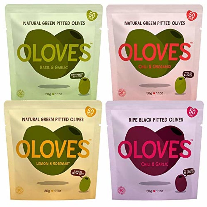 OLOVES Natural Whole Pitted Olives | 24 Pack Variety | Basil &amp; Garlic, Chili &amp; Oregano, Lemon &amp; Rosemary | Vegan, Kosher, Gluten Free + Keto Friendly Healthy Snacks
