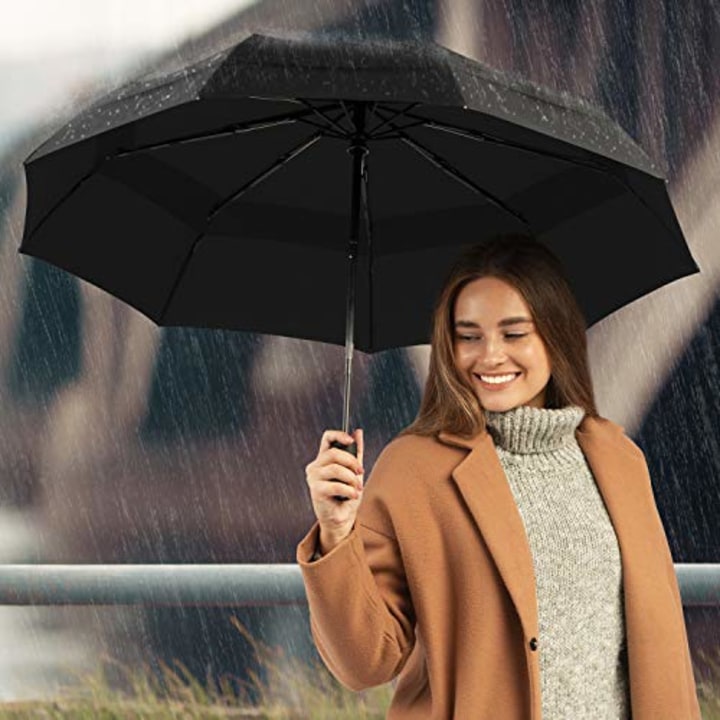 Repel Windproof Double Vented Travel Umbrella with Teflon Coating (Black)