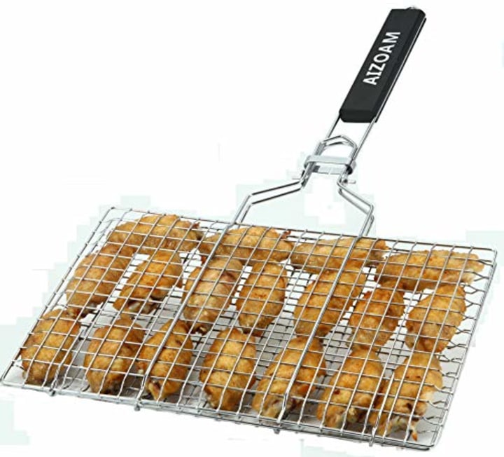 AIZOAM Portable Stainless Steel BBQ Barbecue Grilling Basket for Fish,Vegetables, Steak,Shrimp, Chops and Many Other Food .Great and Useful BBQ Tool.-?Bonus an Additional Sauce Brush?.