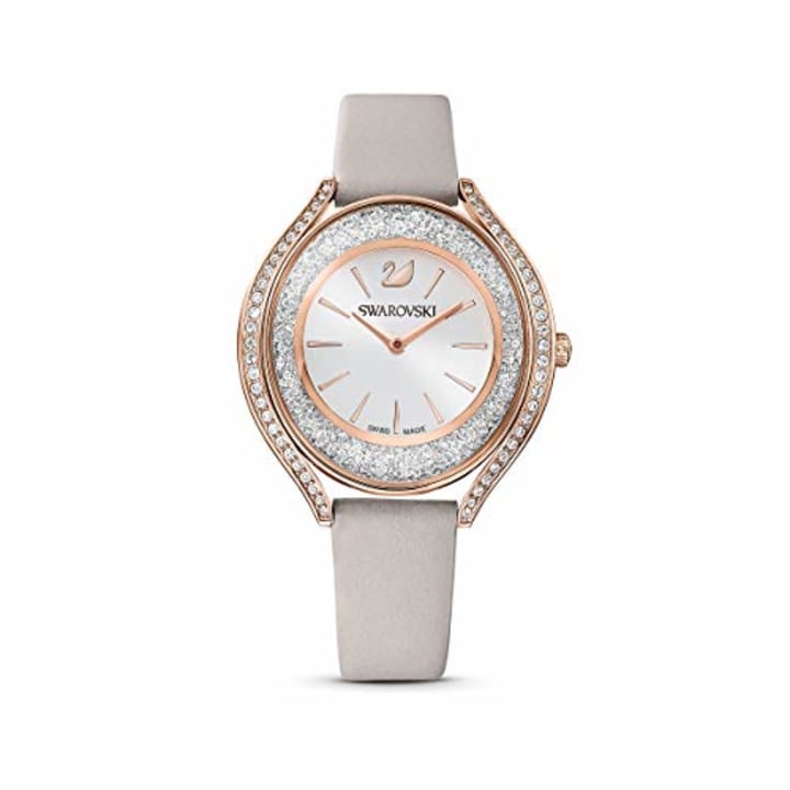 SWAROVSKI Women&#039;s Crystalline Aura Rose Gold Quartz Watch with Leather Strap, Gray, 3 (Model: 5519450)