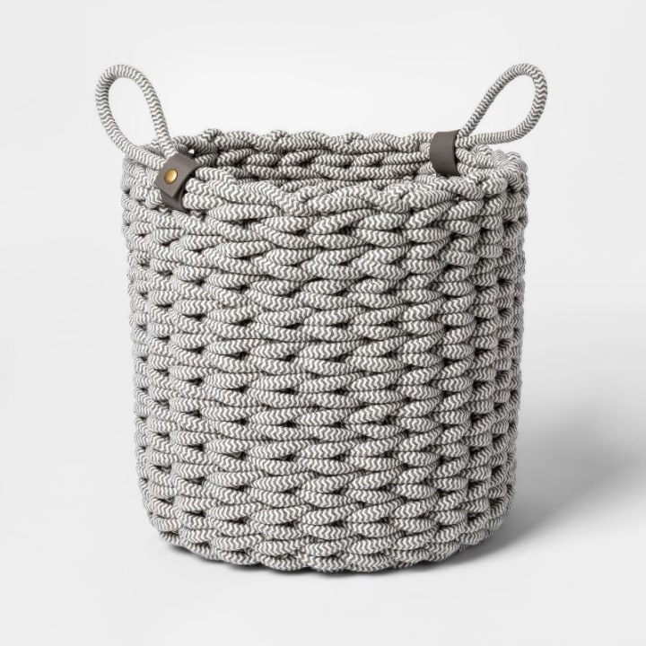 Coiled Rope Fishtail Weave Basket with Faux Leather Accent Gray - Project 62(TM)