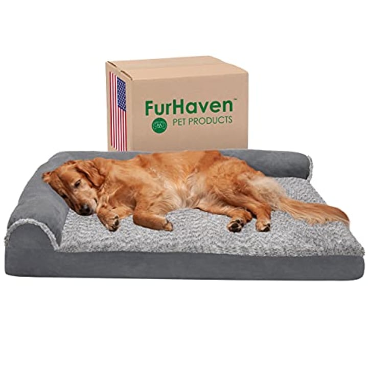Furhaven Two-Tone Faux Fur and Suede L-Shaped Orthopedic Dog Bed