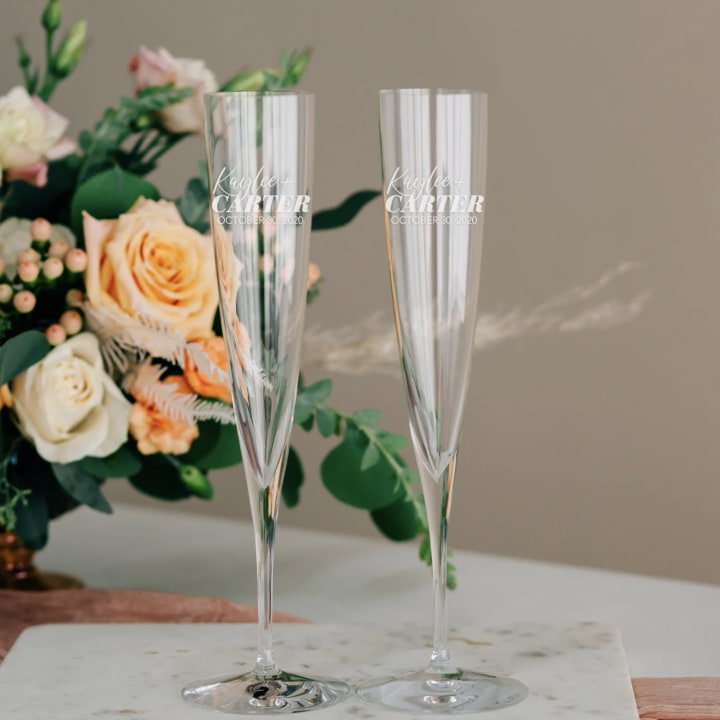 Happily Ever Etched Waterford Elegance Trumpet Custom Champagne Flutes