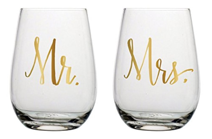 Slant Mr &amp; Mrs Stemless Wine Glasses- Set of 2 (Amazon)