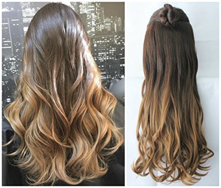20 Inches 3/4 Full Head Clip in Hair Extensions Ombre One Piece 2 Tones Wavy Curly (dark brown to dark blonde) (Amazon)