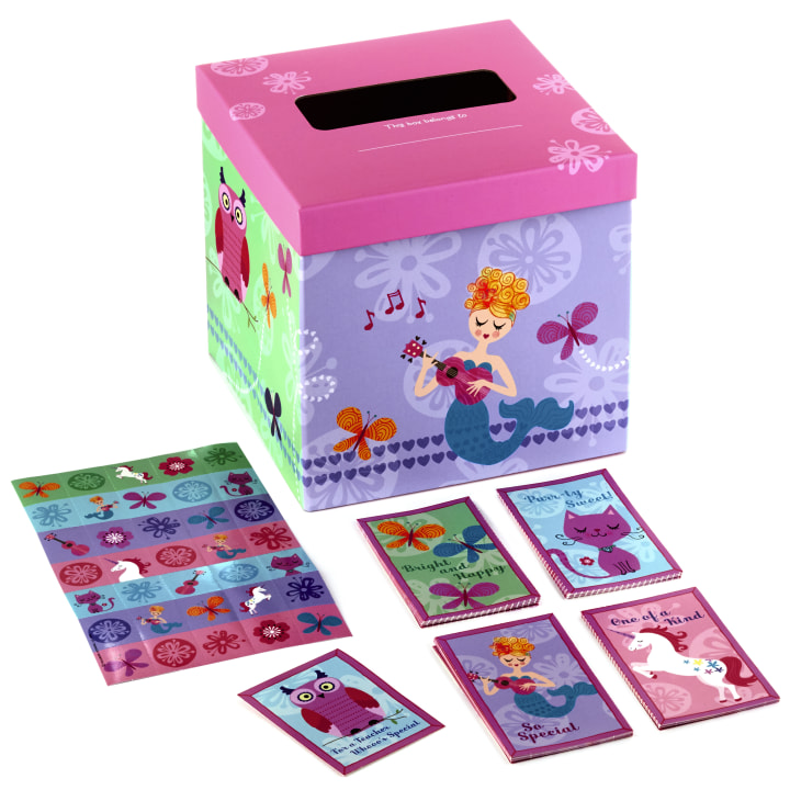 Hallmark Girls&#039; Valentine Cards and Mailbox for Classroom Exchange, Unicorn and Friends (1 Box, 32 Cards, 35 Stickers, 1 Teacher Card) (Walmart)