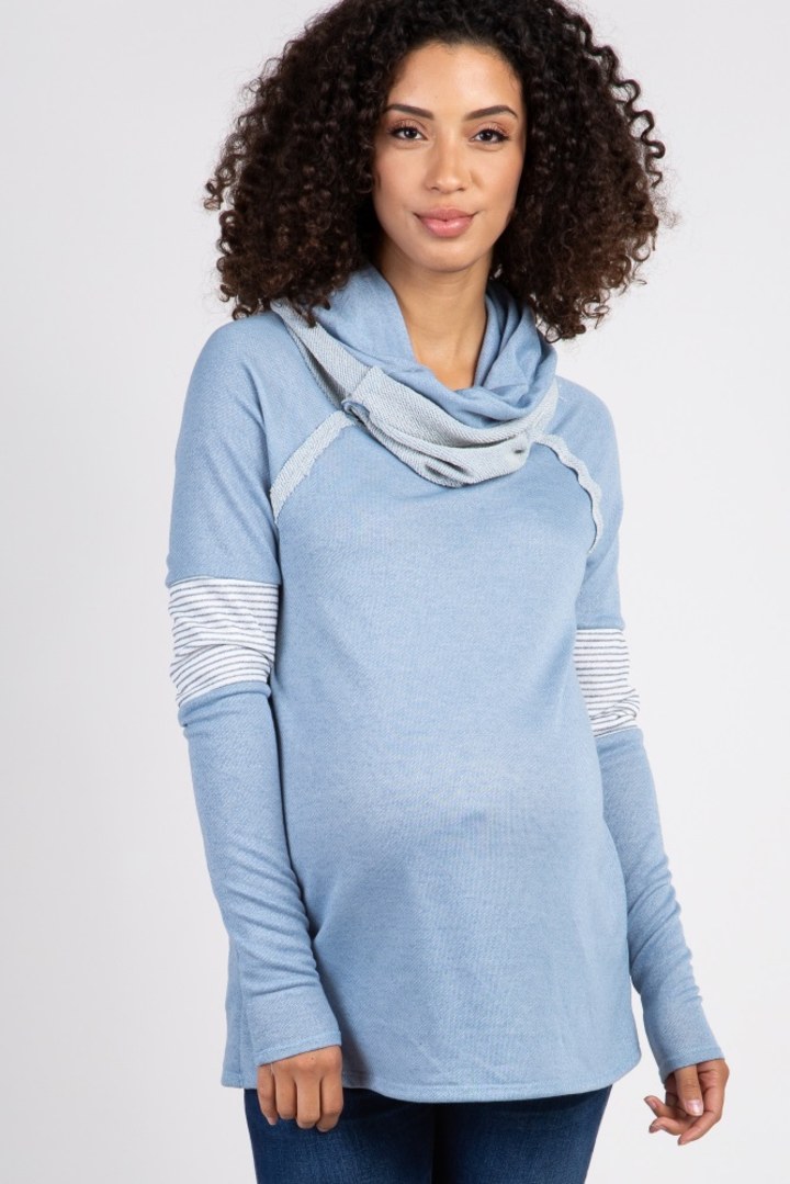 Cowl Neck Striped Accent Terry Maternity Top