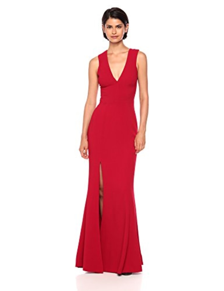 Dress the Population Women&#039;s Sandra Plunging Thick Strap Solid Gown with Slit Dress, Garnet, M